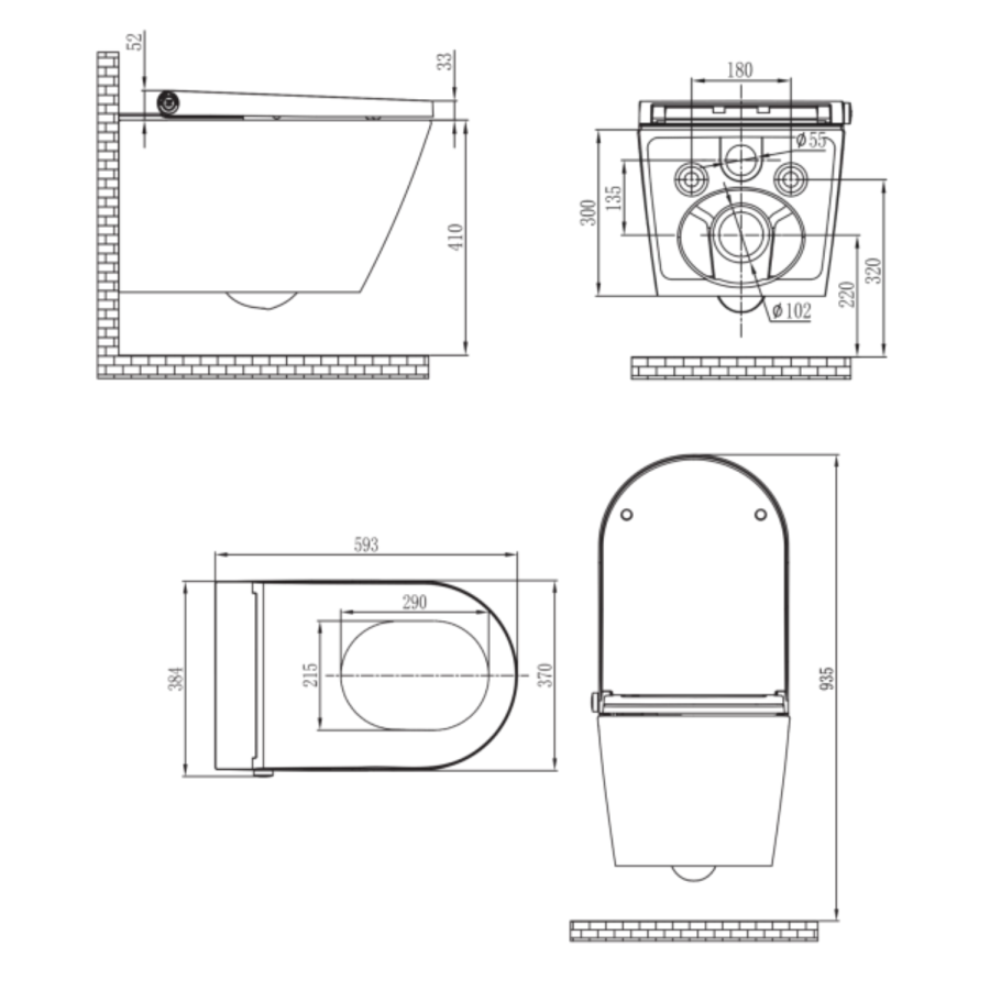 Matt Black Wall Hung Smart Bidet Japanese Toilet & Grohe Frame, Cistern and Black Flush Plate - Purificare