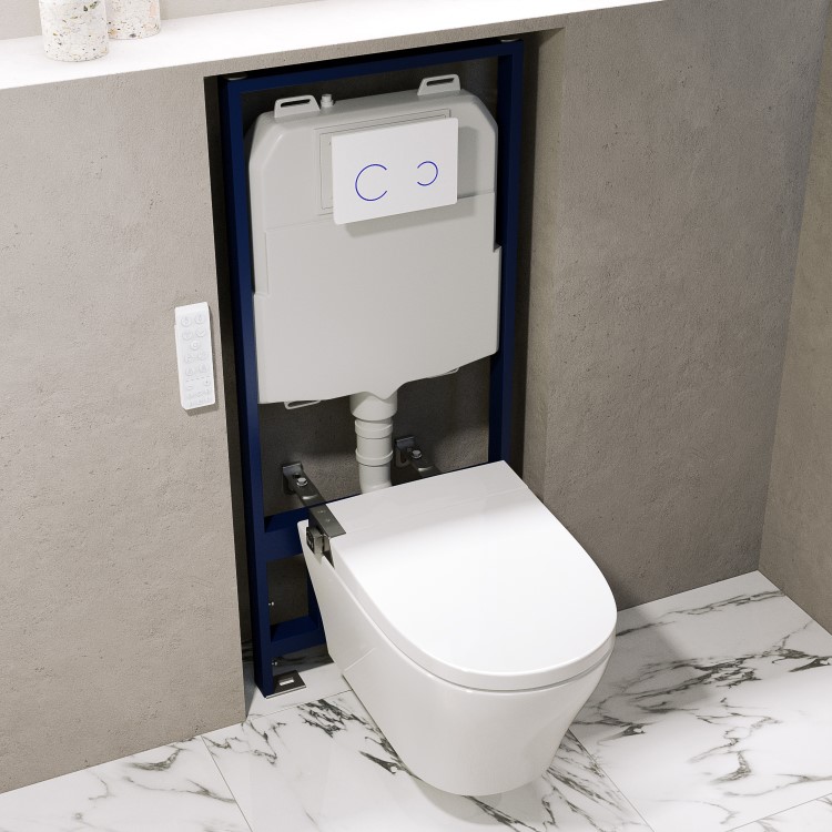 Wall Hung Smart Bidet Japanese Toilet with Heated Seat & 1160mm Frame Cistern and White Sensor Flush Plate - Purificare