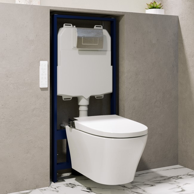 Wall Hung Smart Bidet Japanese Toilet with Heated Seat & 1160mm Frame Cistern and Chrome Pneumatic Flush Plate - Purificare