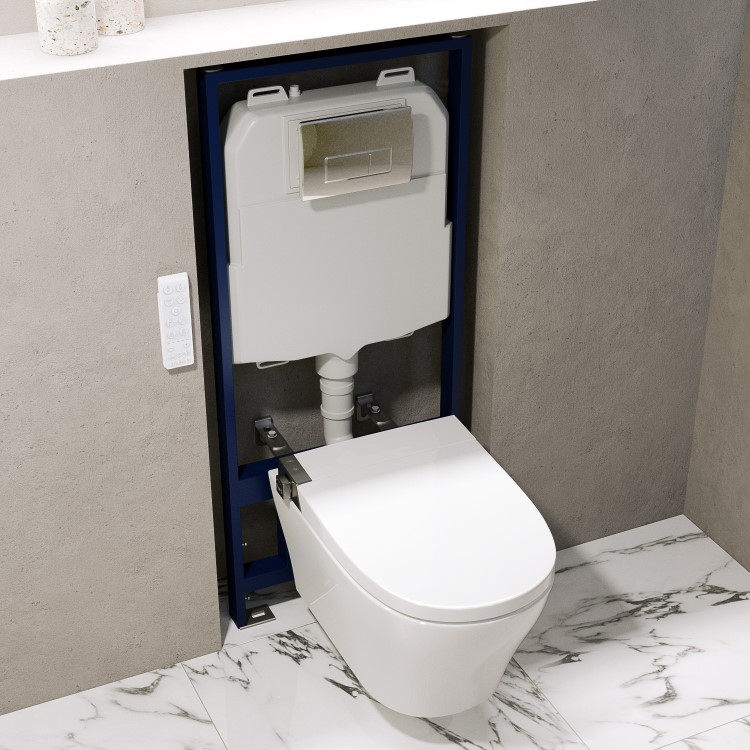 Wall Hung Smart Bidet Japanese Toilet with Heated Seat & 1160mm Frame Cistern and Chrome Pneumatic Flush Plate - Purificare