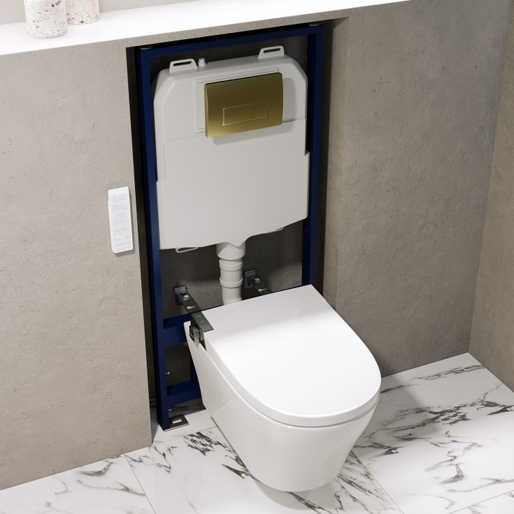 Wall Hung Smart Bidet Japanese Toilet with Heated Seat & 1160mm Frame Cistern and Brass Pneumatic Flush Plate - Purificare