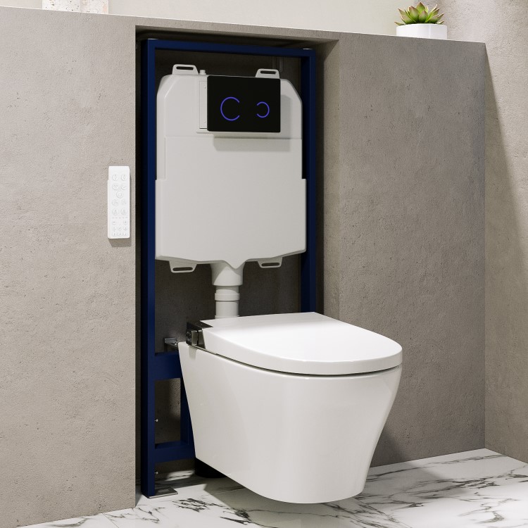 Wall Hung Smart Bidet Japanese Toilet with Heated Seat & 1160mm Frame Cistern and Black Sensor Flush Plate - Purificare