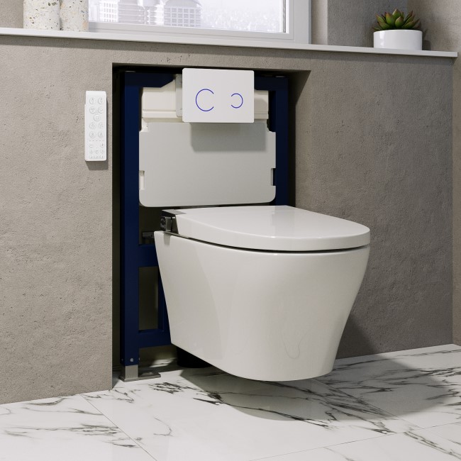 Wall Hung Smart Bidet Japanese Toilet with Heated Seat & 820mm Frame Cistern and White Sensor Flush Plate - Purificare