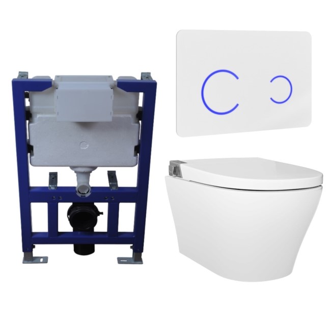 Wall Hung Smart Bidet Japanese Toilet with Heated Seat & 820mm Frame Cistern and White Sensor Flush Plate - Purificare