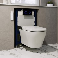Wall Hung Smart Bidet Japanese Toilet with Heated Seat & 820mm Frame Cistern and Black Sensor Flush Plate - Purificare
