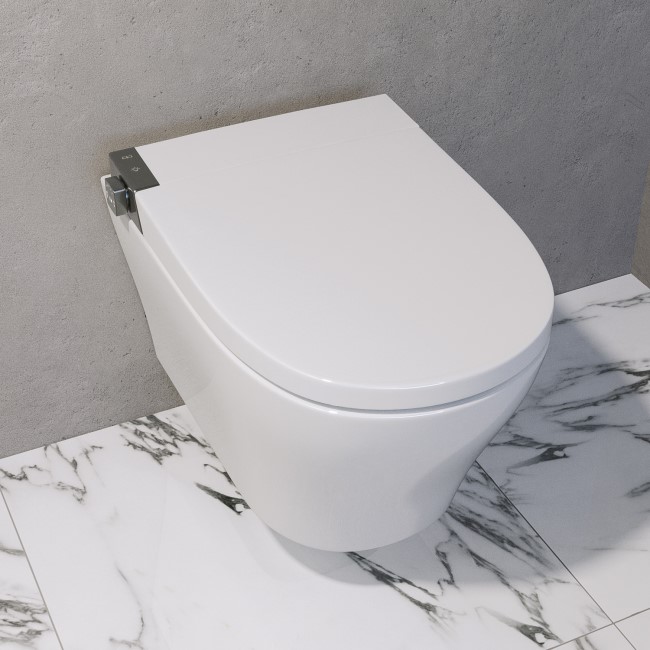 Wall Hung Smart Bidet Japanese Toilet with Heated Seat & 820mm Frame Cistern and Chrome Pneumatic Flush Plate - Purificare