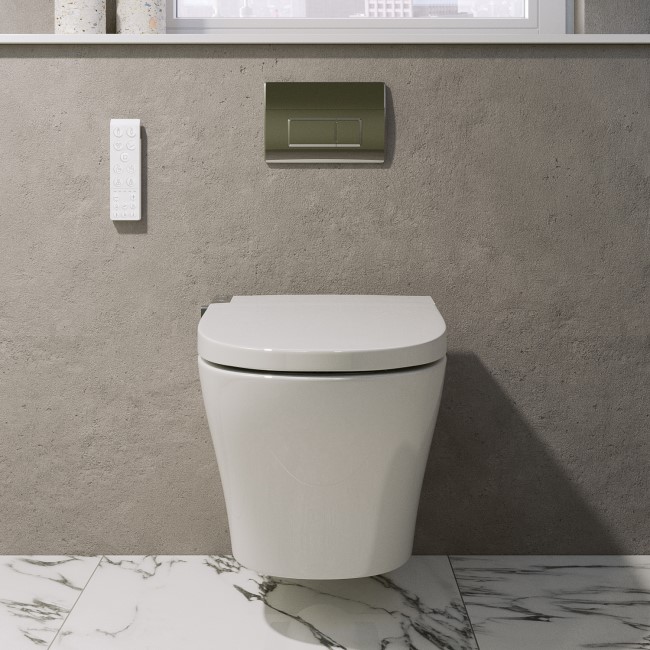 Wall Hung Smart Bidet Japanese Toilet with Heated Seat & 820mm Frame Cistern and Chrome Pneumatic Flush Plate - Purificare