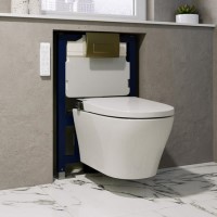 Wall Hung Smart Bidet Japanese Toilet with Heated Seat & 820mm Frame Cistern and Brass Pneumatic Flush Plate - Purificare