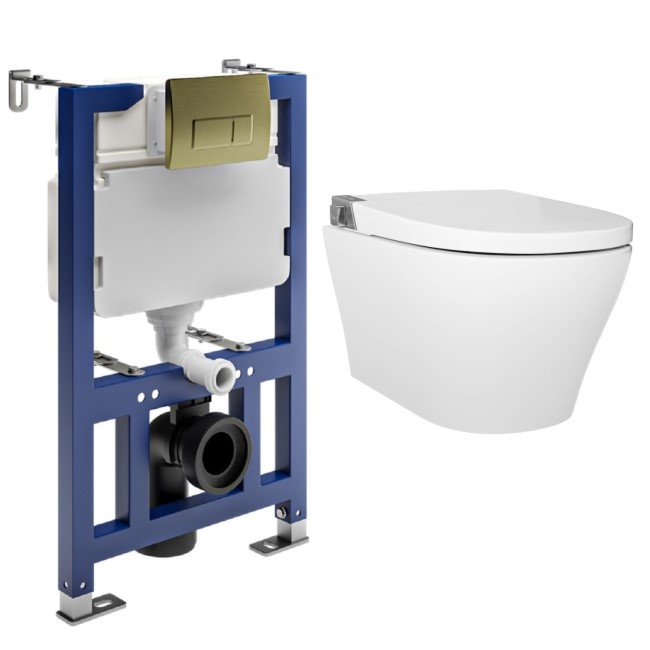 Wall Hung Smart Bidet Japanese Toilet with Heated Seat & 820mm Frame Cistern and Brass Pneumatic Flush Plate - Purificare