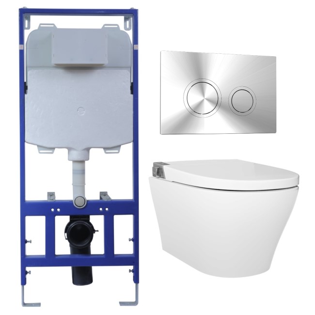 Wall Hung Smart Bidet Japanese Toilet with Heated Seat & 1160mm Frame Cistern and Chrome Pneumatic Flush Plate - Purificare