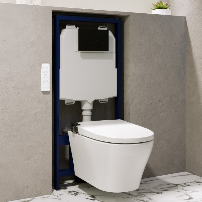 Wall Hung Smart Bidet Japanese Toilet with Heated Seat & 1160mm Frame Cistern and Black Pneumatic Flush Plate - Purificare