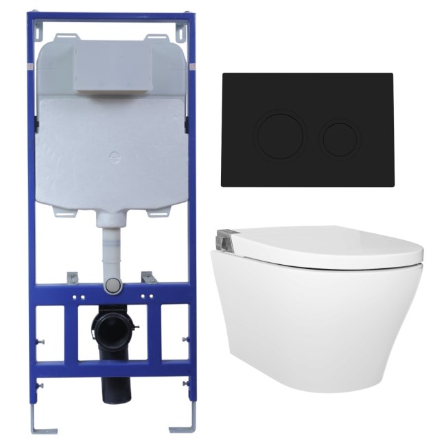 Wall Hung Smart Bidet Japanese Toilet with Heated Seat & 1160mm Frame Cistern and Black Pneumatic Flush Plate - Purificare