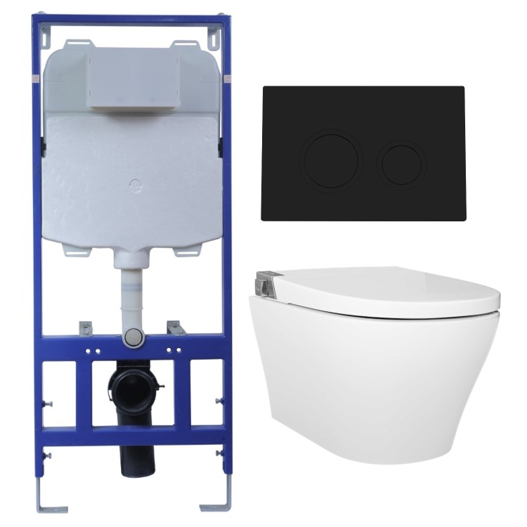 Wall Hung Smart Bidet Japanese Toilet with Heated Seat & 1160mm Frame Cistern and Black Pneumatic Flush Plate - Purificare