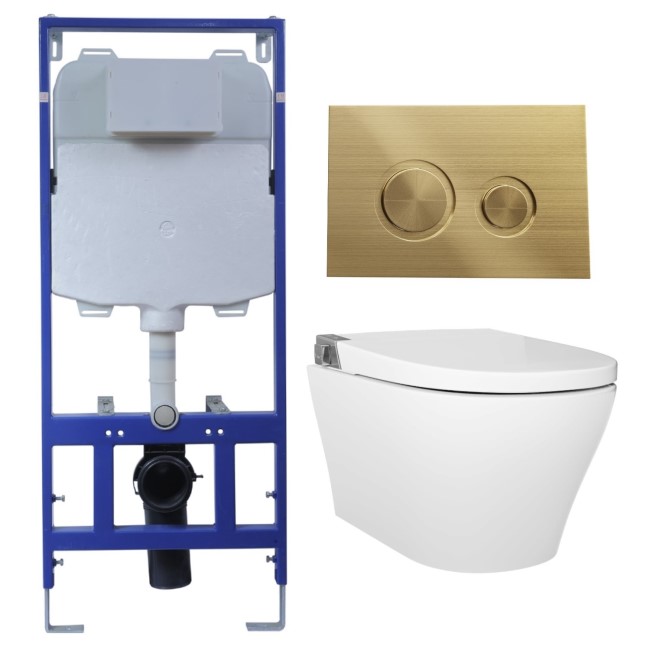 Wall Hung Smart Bidet Japanese Toilet with Heated Seat & 1160mm Frame Cistern and Brass Pneumatic Flush Plate - Purificare