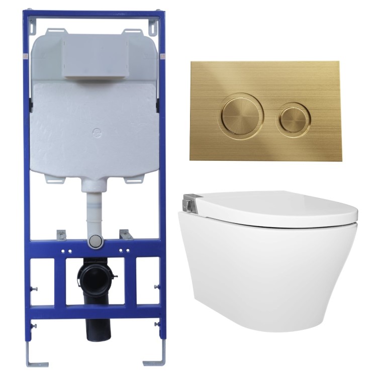 Wall Hung Smart Bidet Japanese Toilet with Heated Seat & 1160mm Frame Cistern and Brass Pneumatic Flush Plate - Purificare