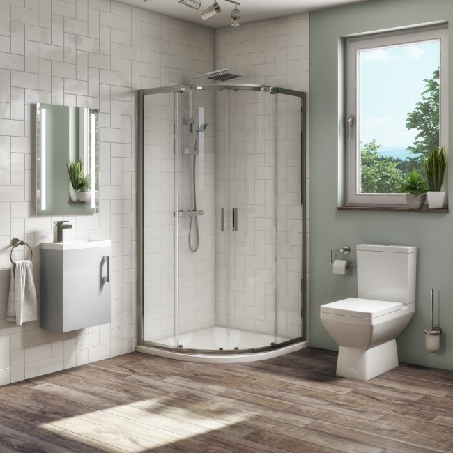 900mm Quadrant Shower Suite with Grey 400mm Wall Hung Vanity Unit  Toilet & Tray - Ashford
