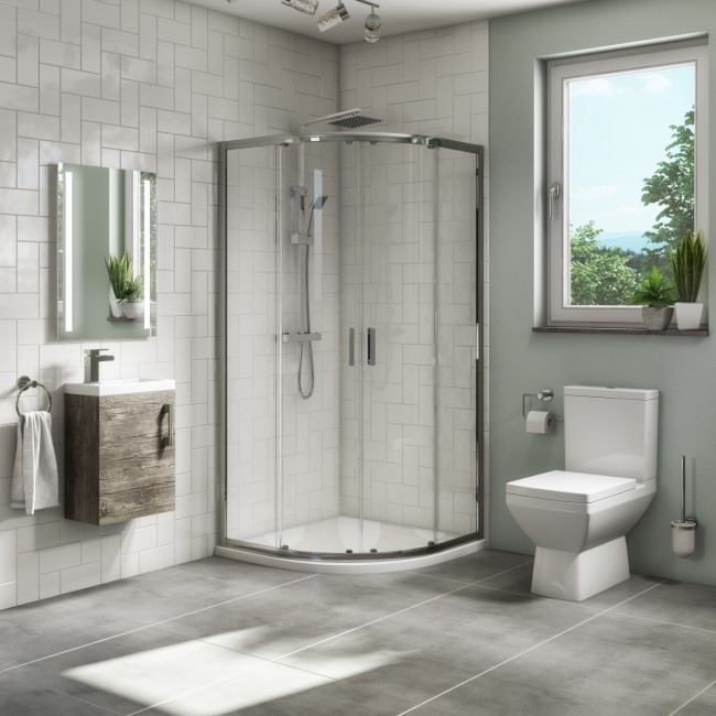 900mm Quadrant Shower Suite with Grey Wood 400mm Wall Hung Vanity Unit Toilet & Tray - Ashford