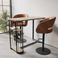 Oak and Black Bar Table Set with 2 Tan Faux Leather Adjustable Bar Stools - Quinn