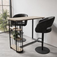 Oak and Black Bar Table Set with 2 Grey Faux Leather Adjustable Bar Stools - Quinn
