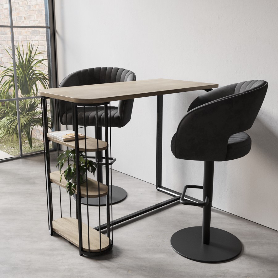 Oak and Black Bar Table Set with 2 Grey Faux Leather Adjustable Bar Stools - Quinn