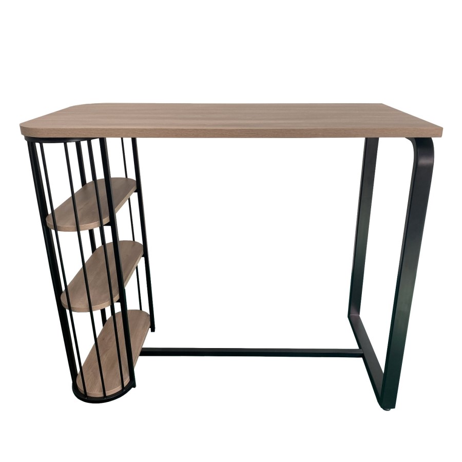 Oak and Black Bar Table Set with 2 Grey Faux Leather Adjustable Bar Stools - Quinn