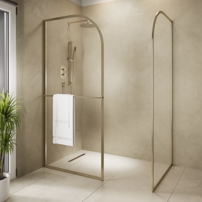 Wet Room Shower Screen Enclosure 1600x800mm Brushed Brass Curved with Towel Rail- Raya