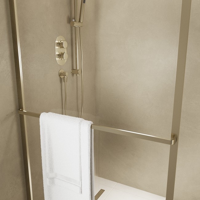 Wet Room Shower Screen Enclosure 1600x800mm Brushed Brass Curved with Towel Rail- Raya