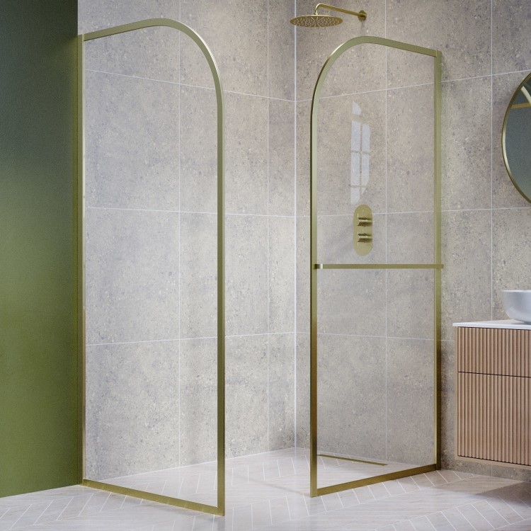 Wet Room Shower Screen Enclosure 1600x800mm Brushed Brass Curved with Towel Rail- Raya