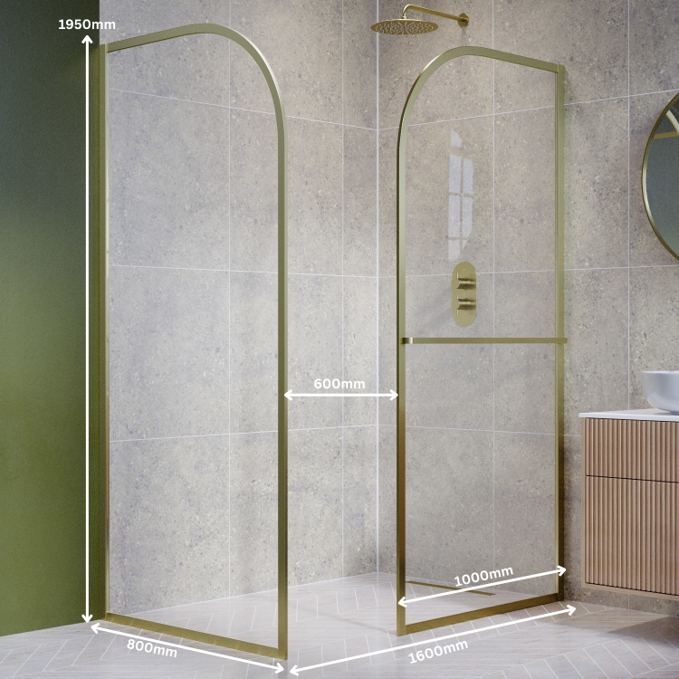 Wet Room Shower Screen Enclosure 1600x800mm Brushed Brass Curved with Towel Rail- Raya