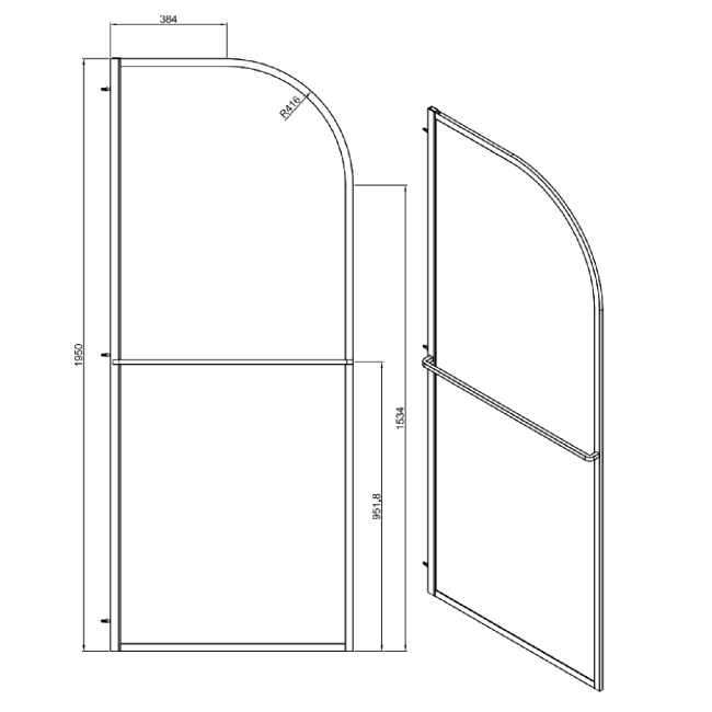 Wet Room Shower Screen Enclosure 1600x800mm Black Curved with Towel Rail  - Raya