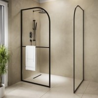 1600x800mm Black Curved Walk In Shower Enclosure with Towel Rail - Raya