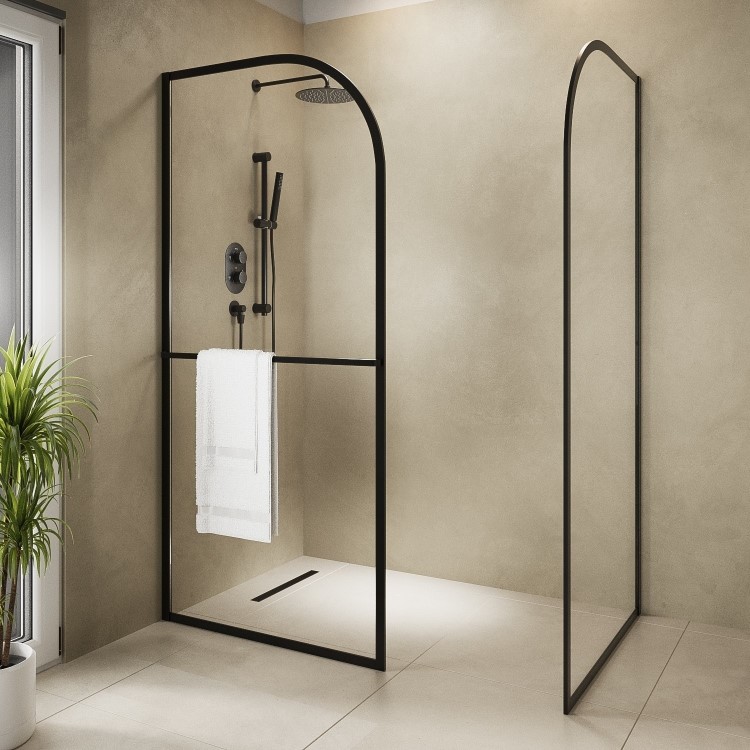 Wet Room Shower Screen Enclosure 1600x800mm Black Curved with Towel Rail  - Raya