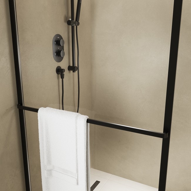 Wet Room Shower Screen Enclosure 1600x800mm Black Curved with Towel Rail  - Raya