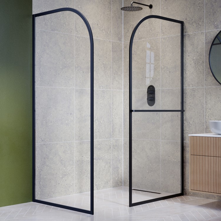 Wet Room Shower Screen Enclosure 1600x800mm Black Curved with Towel Rail  - Raya