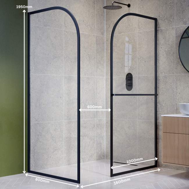 Wet Room Shower Screen Enclosure 1600x800mm Black Curved with Towel Rail  - Raya