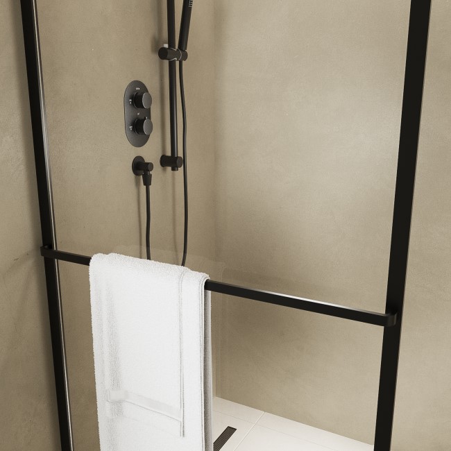 Wet Room Shower Screen Enclosure 1400x800mm Black Curved with Towel Rail- Raya