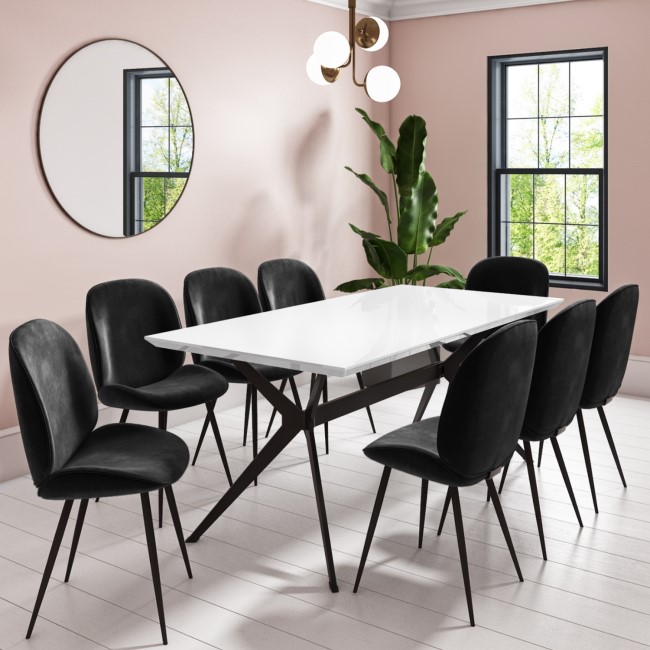 White Gloss Dining Table with 8 Black Velvet Dining Chairs - Rochelle