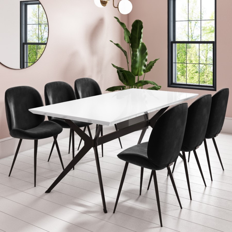 White Gloss Dining Table with 6 Black Velvet Dining Chairs - Rochelle