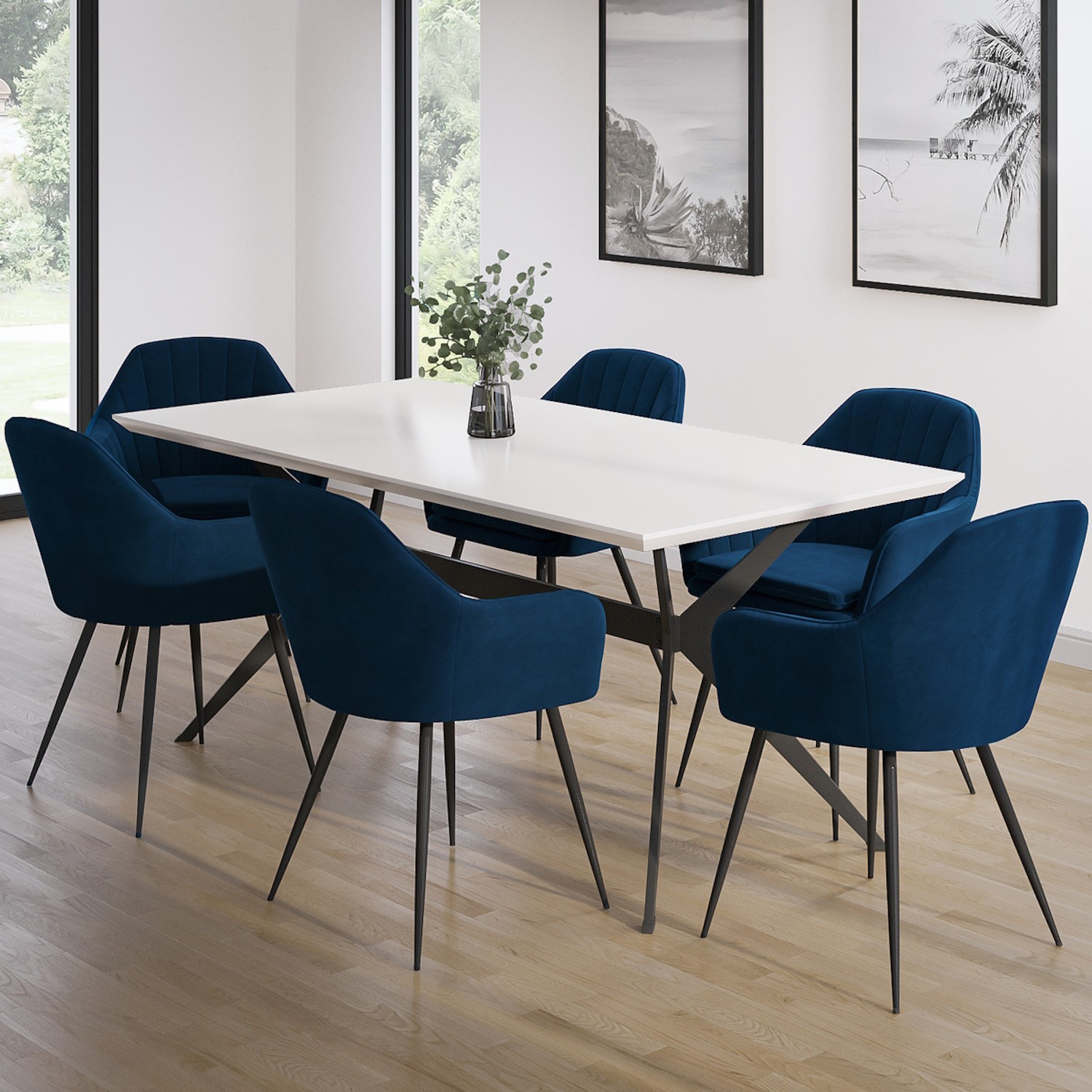 Rochelle white high gloss dining table with black legs with 6 navy blue