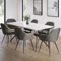 White Gloss Dining Table Set with 6 Dove Grey Faux Leather Chairs - Seats 6 - Rochelle White Gloss Dining Table Set with 6 Dove Grey Faux Leather Chairs - Seats 6 - Rochelle