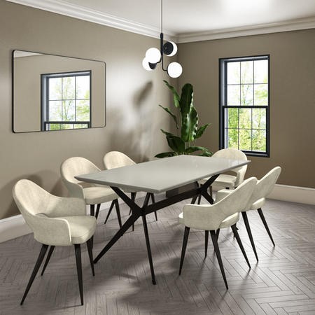 Taupe High Gloss Dining Table With 6 Beige Fabric Dining Chairs 