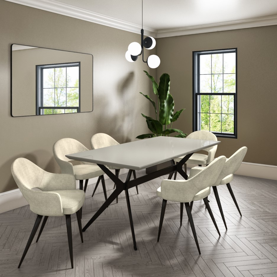 Taupe High Gloss Dining Table with 6 Beige Fabric Dining Chairs ...