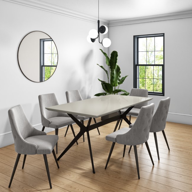 Taupe High Gloss Dining Table with 6 Grey Woven Fabric Dining Chairs - Rochelle