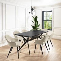 Black Oak Dining Table Set with 6 Beige Upholstered Chairs - Seats 6 - Rochelle