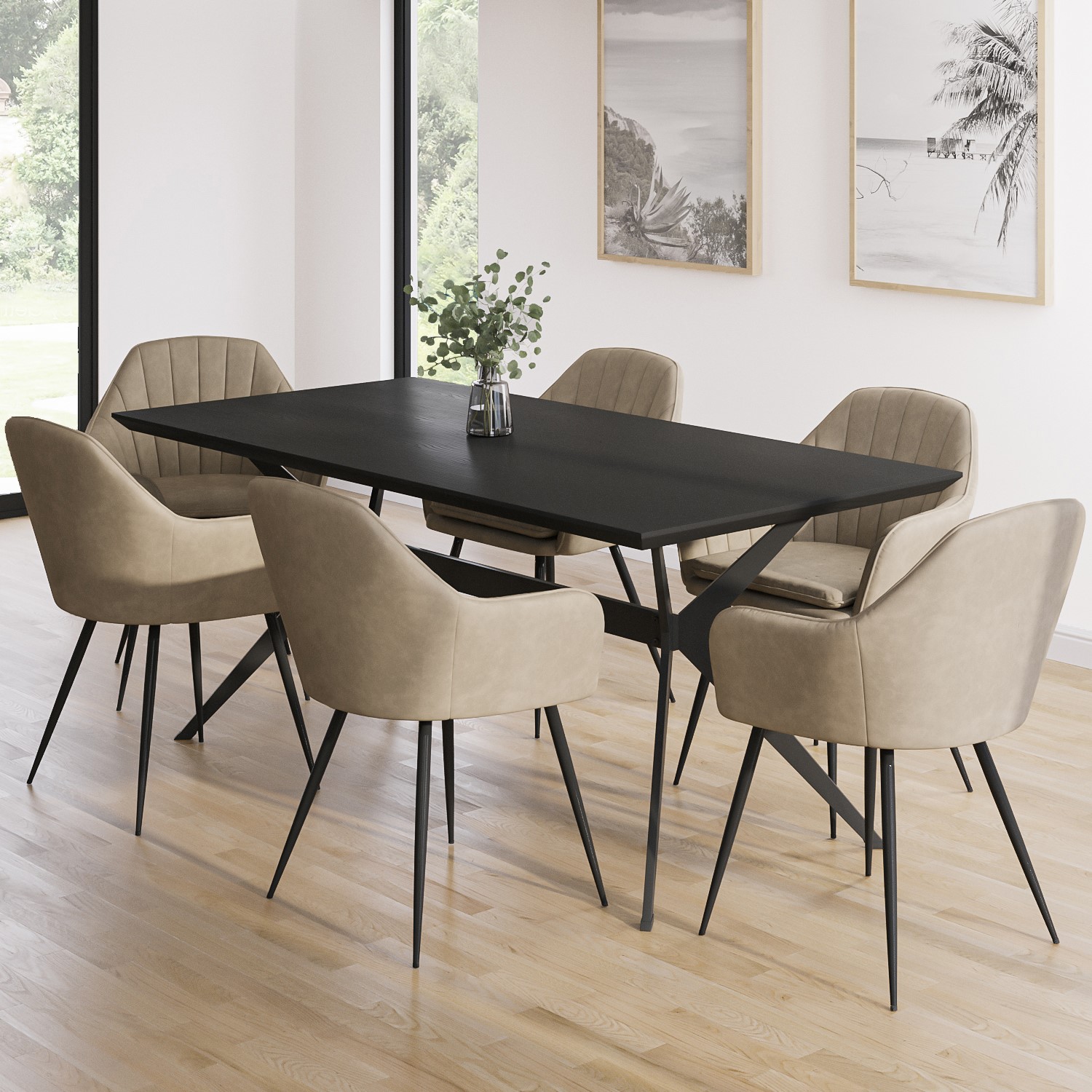 Photo of Black dining table with 6 beige faux leather dining chairs - rochelle