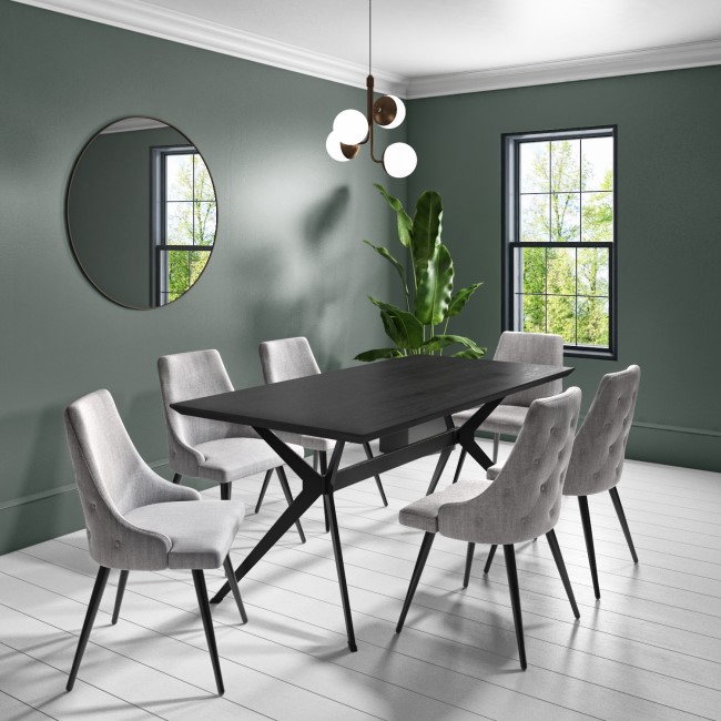 Black Dining Table with 6 Grey Woven Fabric Dining Chairs - Rochelle