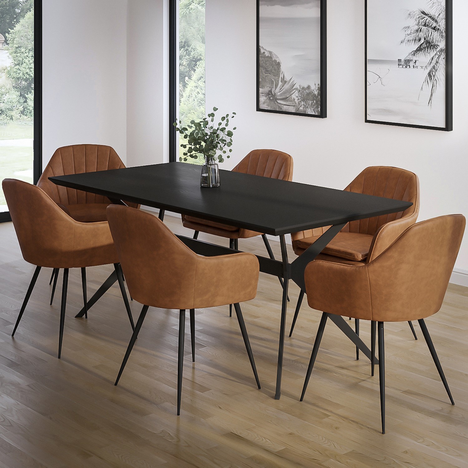 Photo of Black dining table with 6 tan faux leather dining chairs - rochelle