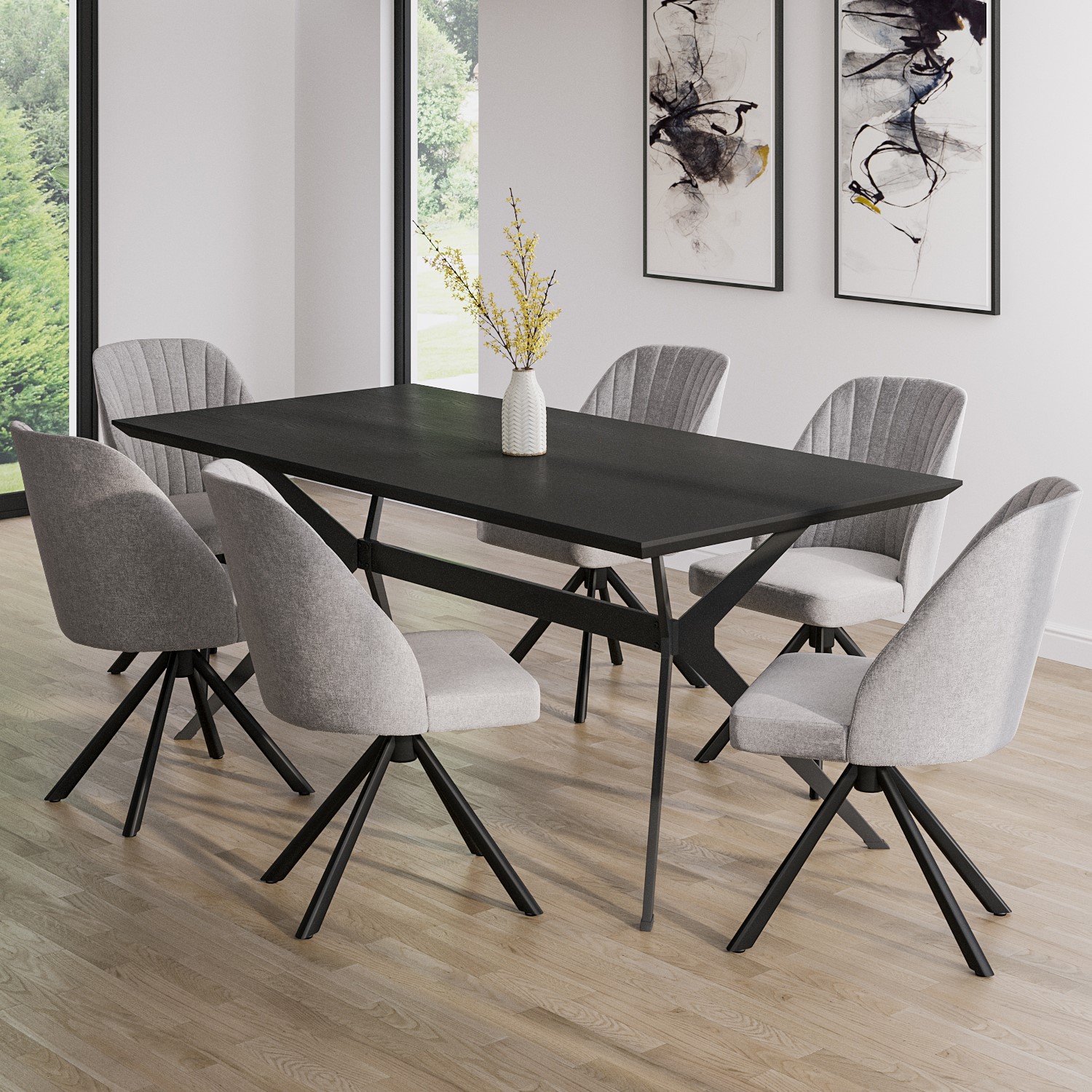 Photo of Black dining table with 6 grey fabric swivel dining chairs - rochelle