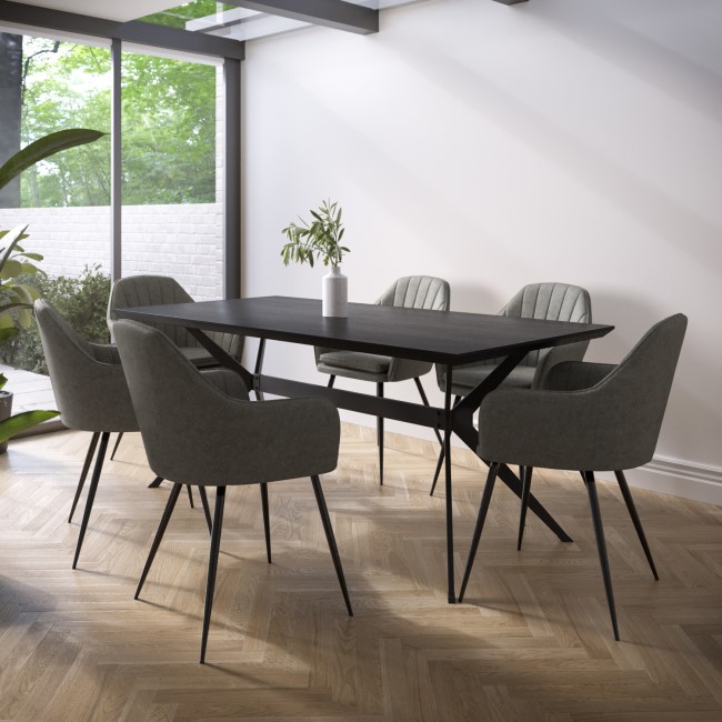 Black Oak Dining Table Set with 6 Dove Grey Faux Leather Chairs - Seats ...