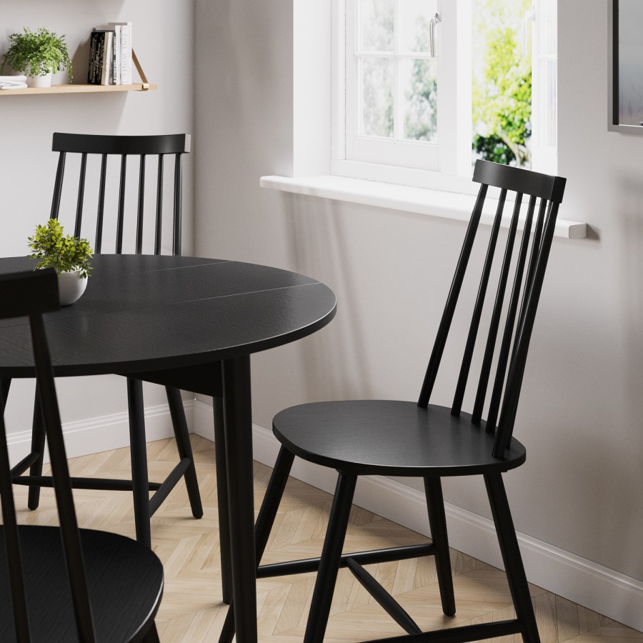 Round Black Folding Drop Leaf Dining Table with 4 Wooden Spindle Dining Chairs - Rudy